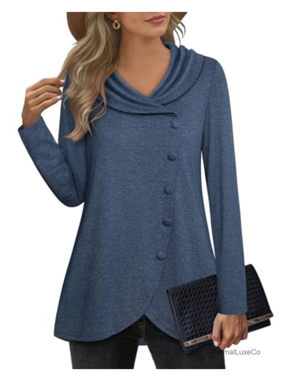 Womens Long Sleeve Tunic Sweatshirt Cotton Polyester Spandex Buttons Side Split